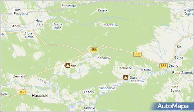 mapa Banachy gmina Harasiuki, Banachy gmina Harasiuki na mapie Targeo