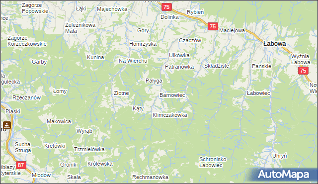 mapa Barnowiec gmina Łabowa, Barnowiec gmina Łabowa na mapie Targeo