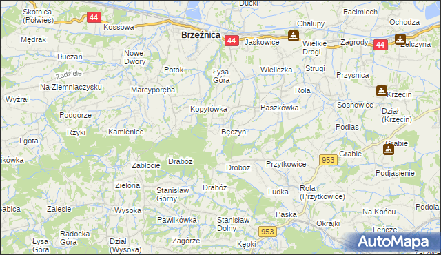 mapa Bęczyn gmina Brzeźnica, Bęczyn gmina Brzeźnica na mapie Targeo