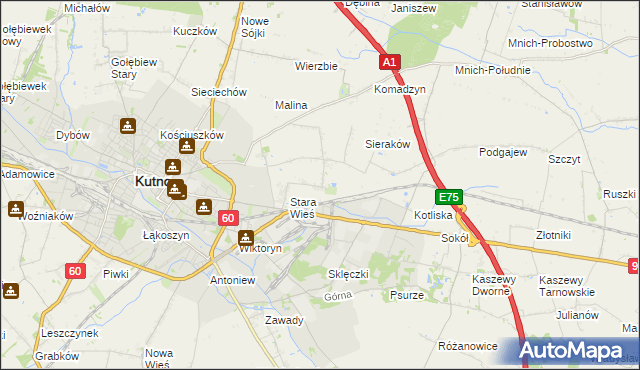 mapa Bielawki gmina Kutno, Bielawki gmina Kutno na mapie Targeo