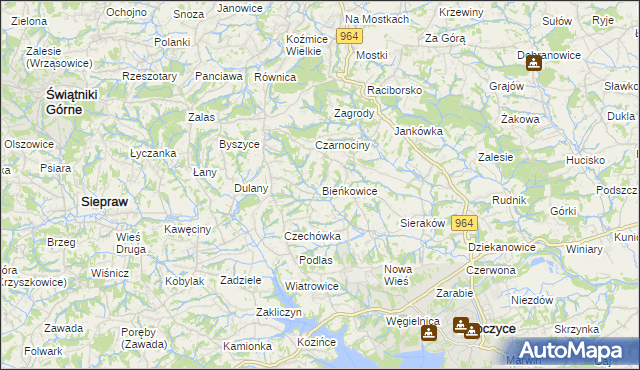 mapa Bieńkowice gmina Dobczyce, Bieńkowice gmina Dobczyce na mapie Targeo