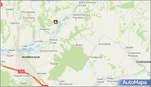 mapa Bilsko gmina Modliborzyce, Bilsko gmina Modliborzyce na mapie Targeo