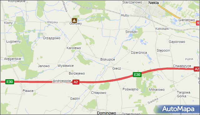 mapa Biskupice gmina Dominowo, Biskupice gmina Dominowo na mapie Targeo