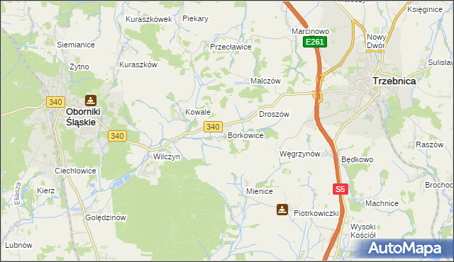 mapa Borkowice gmina Oborniki Śląskie, Borkowice gmina Oborniki Śląskie na mapie Targeo