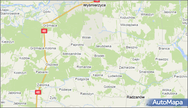 mapa Brodek gmina Wyśmierzyce, Brodek gmina Wyśmierzyce na mapie Targeo