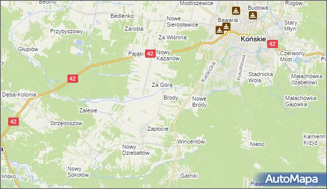 mapa Brody gmina Końskie, Brody gmina Końskie na mapie Targeo