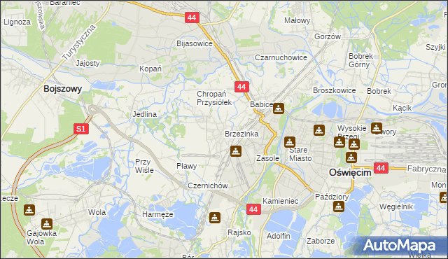 mapa Brzezinka gmina Oświęcim, Brzezinka gmina Oświęcim na mapie Targeo