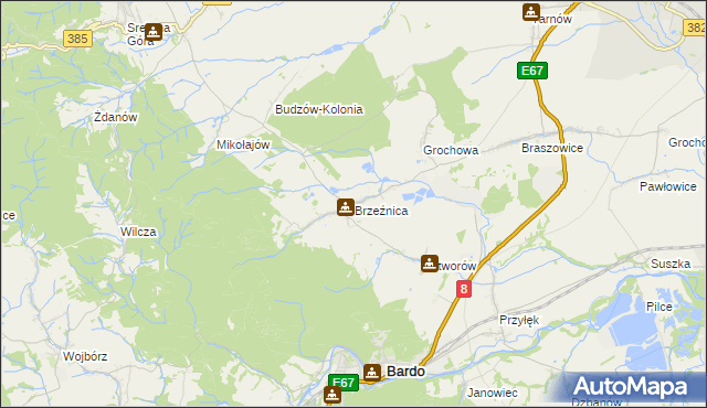 mapa Brzeźnica gmina Bardo, Brzeźnica gmina Bardo na mapie Targeo