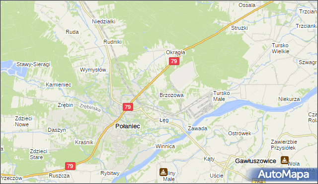 mapa Brzozowa gmina Połaniec, Brzozowa gmina Połaniec na mapie Targeo