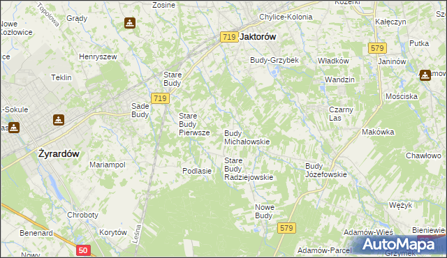 mapa Budy Michałowskie gmina Jaktorów, Budy Michałowskie gmina Jaktorów na mapie Targeo