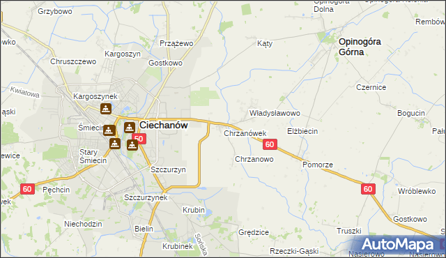 mapa Chrzanówek gmina Opinogóra Górna, Chrzanówek gmina Opinogóra Górna na mapie Targeo