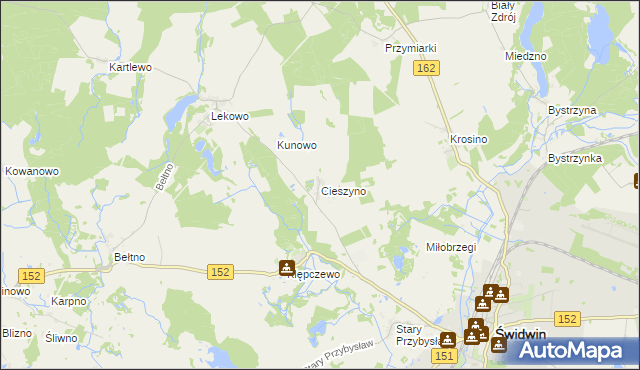 mapa Cieszyno gmina Świdwin, Cieszyno gmina Świdwin na mapie Targeo