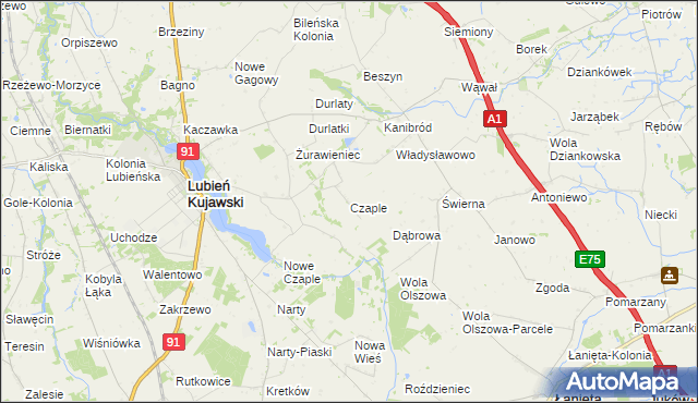 mapa Czaple gmina Lubień Kujawski, Czaple gmina Lubień Kujawski na mapie Targeo