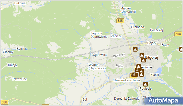 mapa Dąbrowica gmina Biłgoraj, Dąbrowica gmina Biłgoraj na mapie Targeo