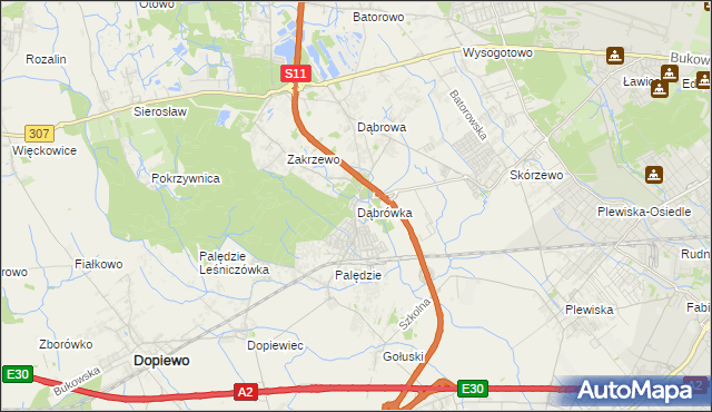 mapa Dąbrówka gmina Dopiewo, Dąbrówka gmina Dopiewo na mapie Targeo