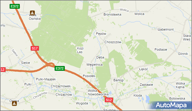 mapa Dęba gmina Kurów, Dęba gmina Kurów na mapie Targeo