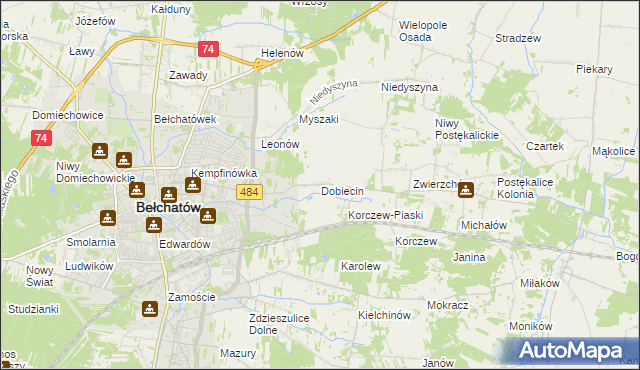 mapa Dobiecin gmina Bełchatów, Dobiecin gmina Bełchatów na mapie Targeo