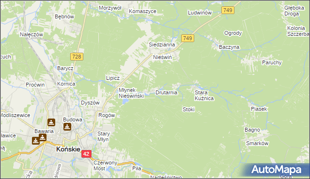 mapa Drutarnia gmina Końskie, Drutarnia gmina Końskie na mapie Targeo