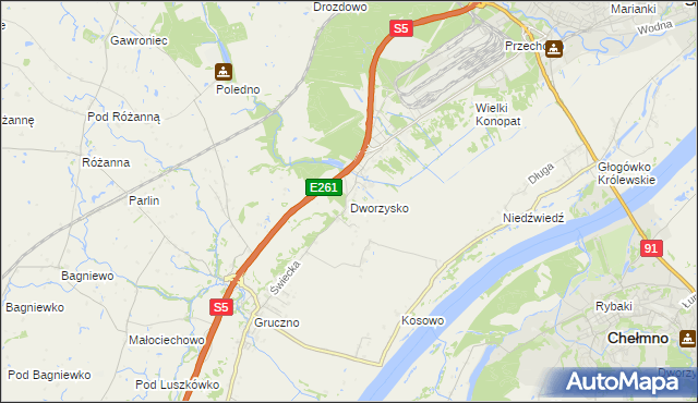 mapa Dworzysko gmina Świecie, Dworzysko gmina Świecie na mapie Targeo