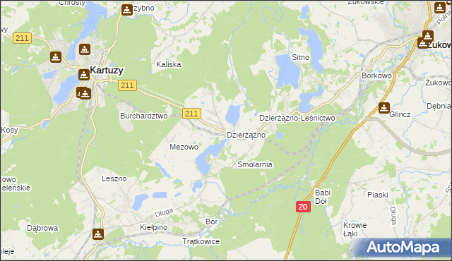 mapa Dzierżążno gmina Kartuzy, Dzierżążno gmina Kartuzy na mapie Targeo
