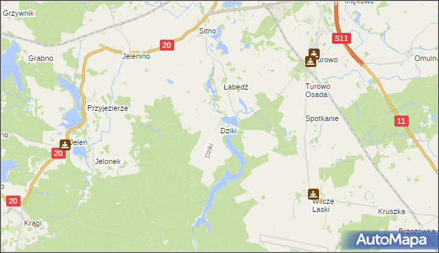 mapa Dziki gmina Szczecinek, Dziki gmina Szczecinek na mapie Targeo