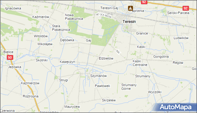 mapa Elżbietów gmina Teresin, Elżbietów gmina Teresin na mapie Targeo