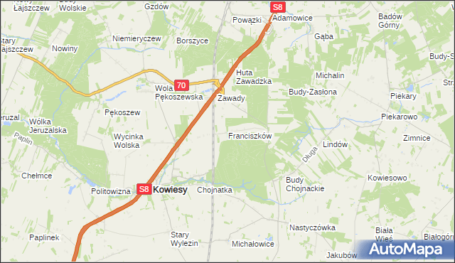 mapa Franciszków gmina Kowiesy, Franciszków gmina Kowiesy na mapie Targeo