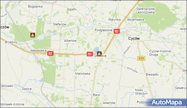 mapa Głębokie gmina Cyców, Głębokie gmina Cyców na mapie Targeo