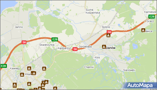 mapa Gorzebądz gmina Sianów, Gorzebądz gmina Sianów na mapie Targeo