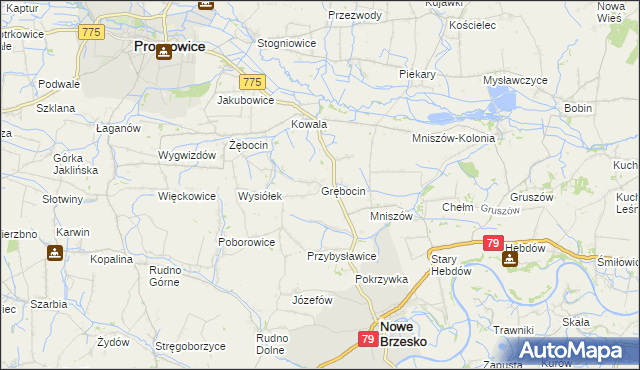 mapa Grębocin gmina Nowe Brzesko, Grębocin gmina Nowe Brzesko na mapie Targeo