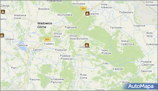 mapa Grzybów gmina Wadowice Górne, Grzybów gmina Wadowice Górne na mapie Targeo