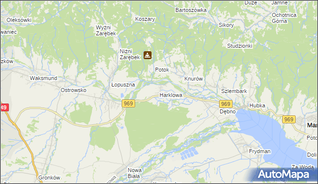 mapa Harklowa gmina Nowy Targ, Harklowa gmina Nowy Targ na mapie Targeo