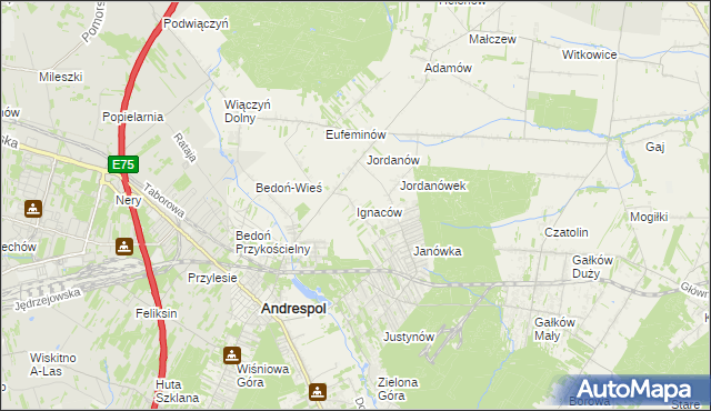 mapa Ignaców gmina Brzeziny, Ignaców gmina Brzeziny na mapie Targeo