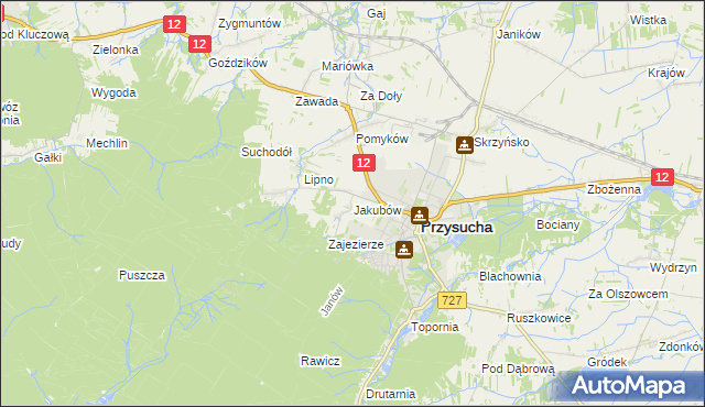 mapa Jakubów gmina Przysucha, Jakubów gmina Przysucha na mapie Targeo