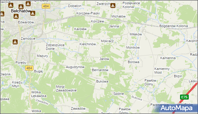 mapa Janów gmina Bełchatów, Janów gmina Bełchatów na mapie Targeo