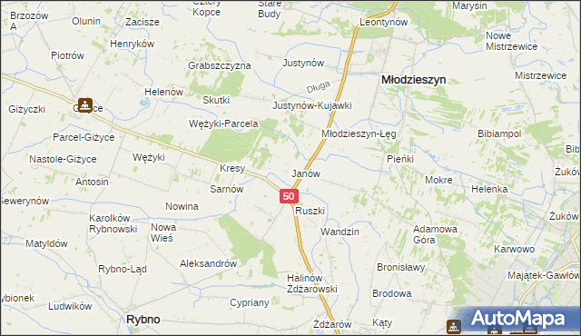 mapa Janów gmina Młodzieszyn, Janów gmina Młodzieszyn na mapie Targeo