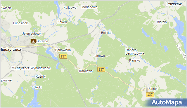 mapa Janowo gmina Pszczew, Janowo gmina Pszczew na mapie Targeo