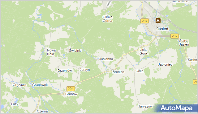 mapa Jasionna gmina Jasień, Jasionna gmina Jasień na mapie Targeo