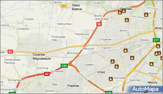 mapa Jawczyce gmina Ożarów Mazowiecki, Jawczyce gmina Ożarów Mazowiecki na mapie Targeo