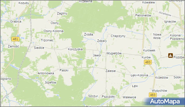 mapa Jawor gmina Zelów, Jawor gmina Zelów na mapie Targeo