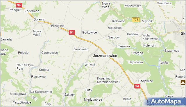 mapa Jerzmanowice gmina Jerzmanowice-Przeginia, Jerzmanowice gmina Jerzmanowice-Przeginia na mapie Targeo