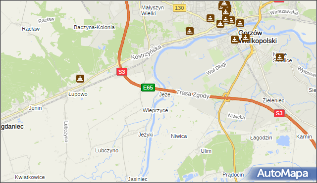 mapa Jeże gmina Bogdaniec, Jeże gmina Bogdaniec na mapie Targeo