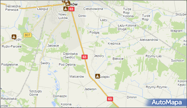 mapa Jeziory gmina Łuków, Jeziory gmina Łuków na mapie Targeo