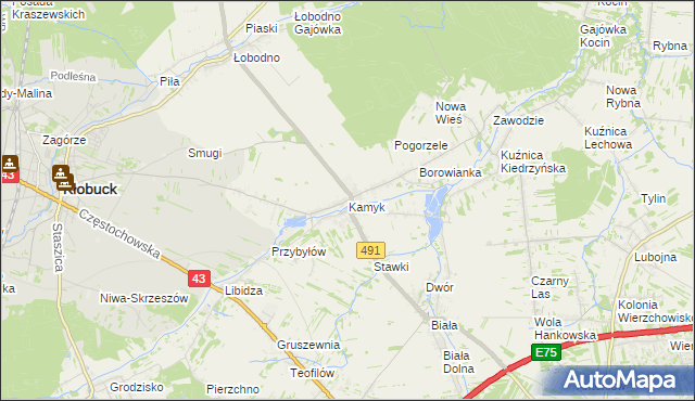mapa Kamyk gmina Kłobuck, Kamyk gmina Kłobuck na mapie Targeo