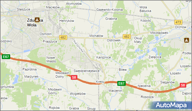 mapa Karsznice gmina Zduńska Wola, Karsznice gmina Zduńska Wola na mapie Targeo