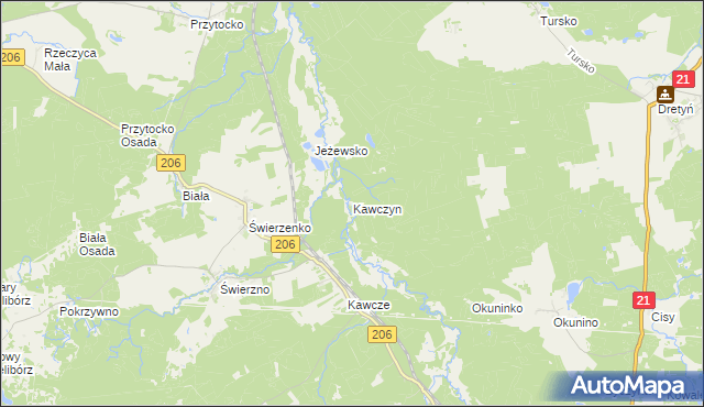 mapa Kawczyn gmina Miastko, Kawczyn gmina Miastko na mapie Targeo