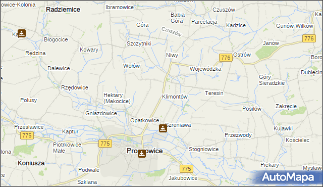 mapa Klimontów gmina Proszowice, Klimontów gmina Proszowice na mapie Targeo