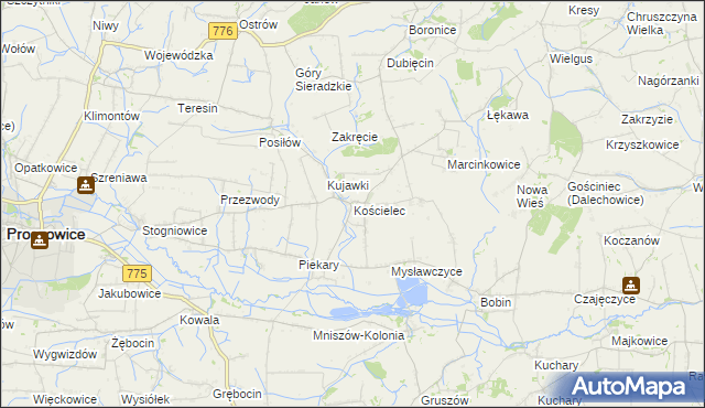 mapa Kościelec gmina Proszowice, Kościelec gmina Proszowice na mapie Targeo