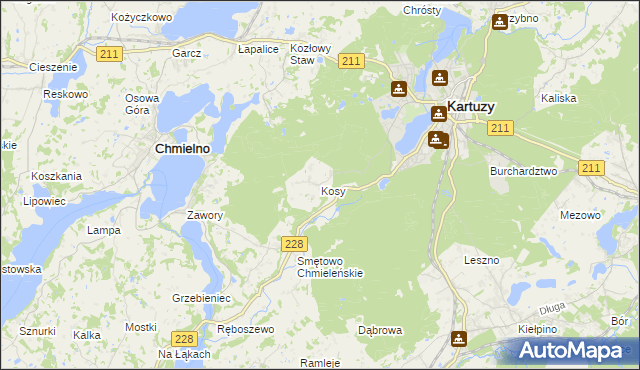 mapa Kosy gmina Kartuzy, Kosy gmina Kartuzy na mapie Targeo