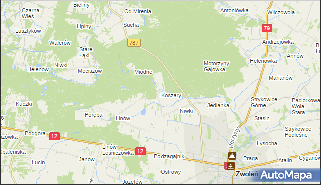 mapa Koszary gmina Zwoleń, Koszary gmina Zwoleń na mapie Targeo